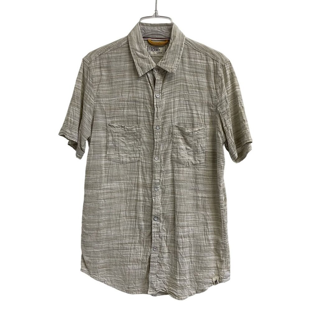 Free Planet Men's Beige Cotton Shirt Button-Down Striped Short Sleeve Large - Picture 1 of 6